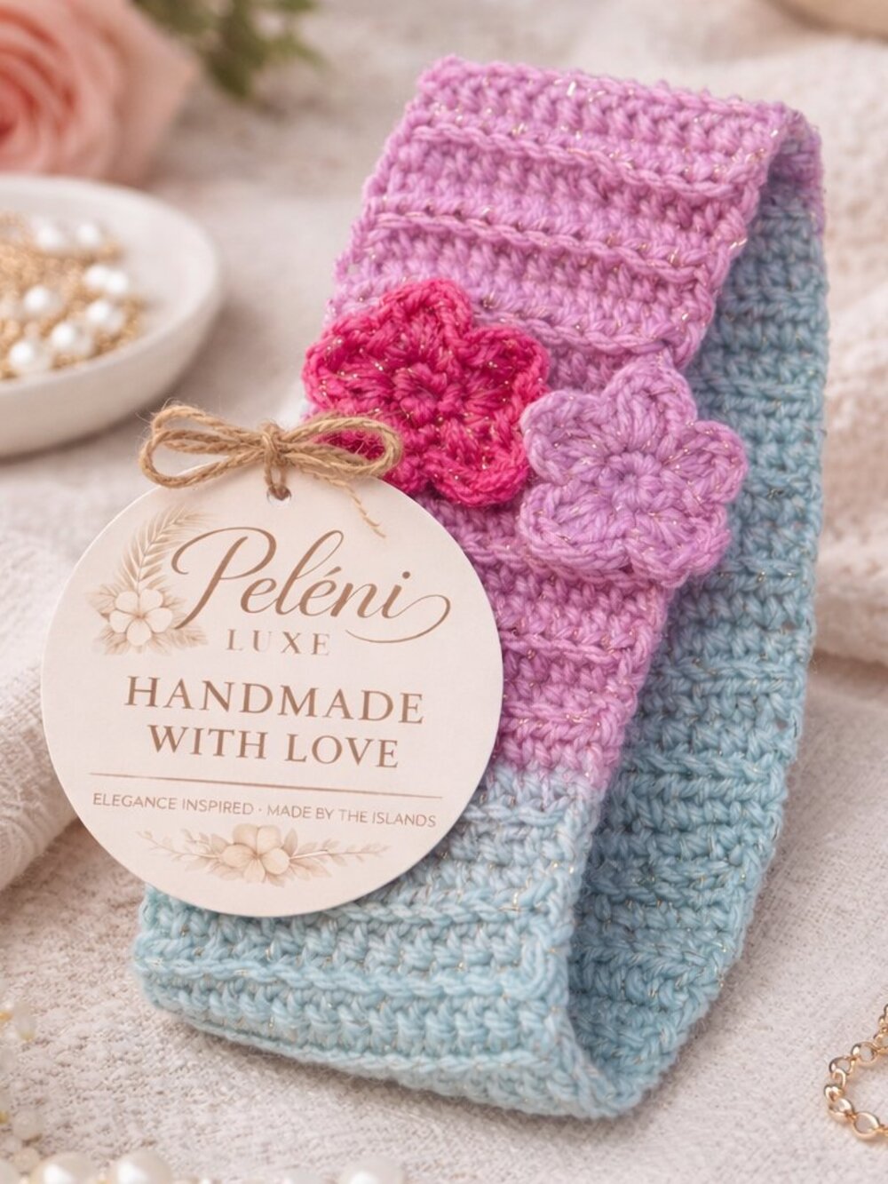Handmade Crochet Headband | Pastel Knit Hair Band with Floral | Hair Accesory